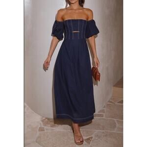 Billy J Claira Midi Dress Navy Blue Women’s Size 6 Puff Sleeve Square Neck